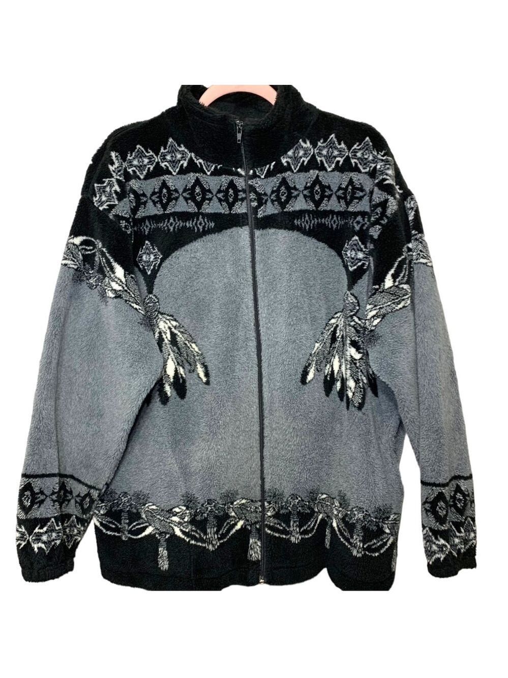 VTG Tuntaquimba Fleece Sweater Jacket Sz L/XL Gray Zip Up Feather Print Native